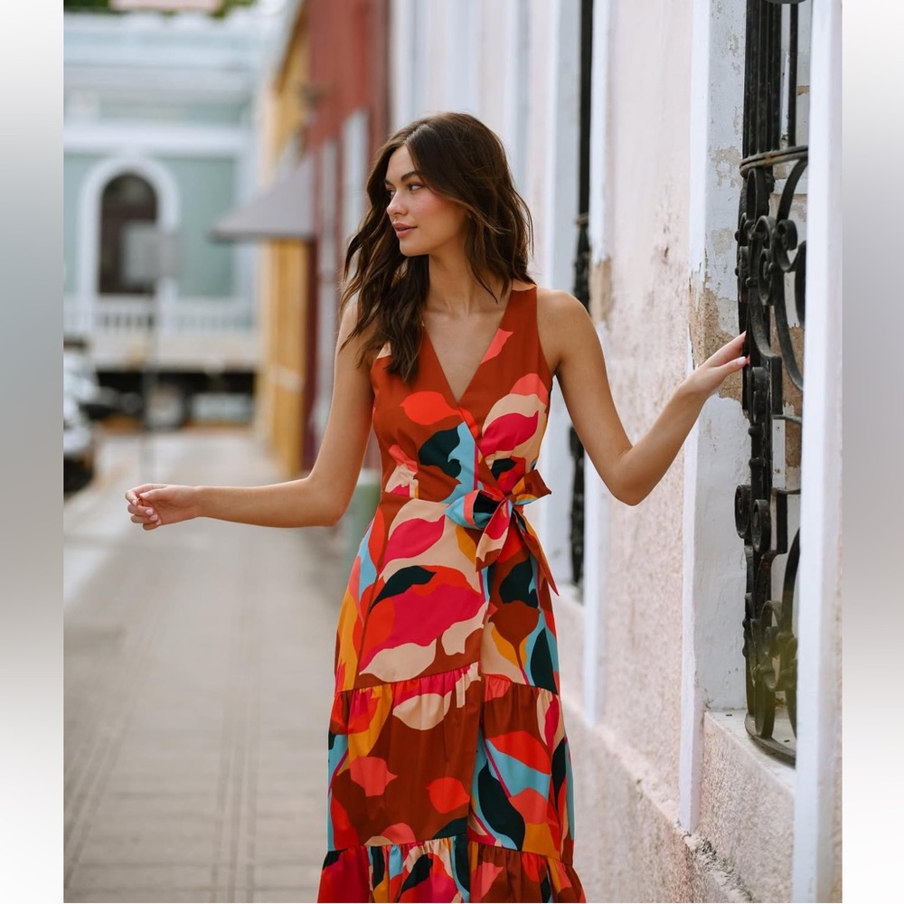 🌺 Hutch Bittie Midi Wrap Dress - Copper Color Block Floral - Size S 🌺